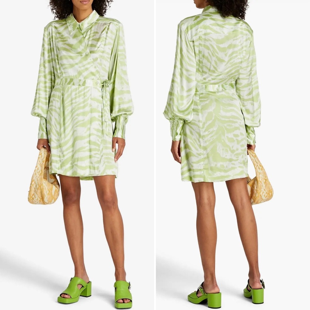 GANNI Silk Stretch Satin Wrap Dress Sz 10 Margarita Green Zebra Chic Sexy Scandi